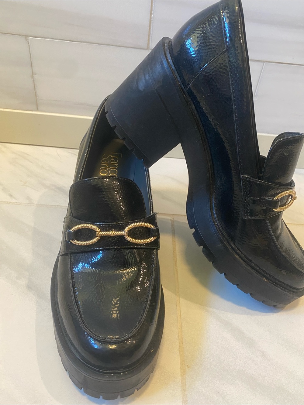 Franco Sarto Black Patent Lug Sole Loafers with Gold Chain size 7.5